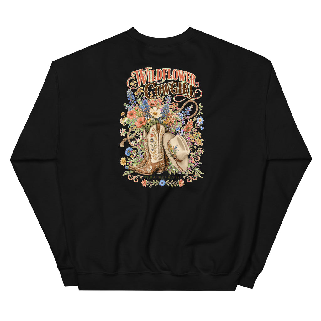 Back view of Western Wildflower Cowgirl Crewneck Sweatshirt showing the full-size western graphic