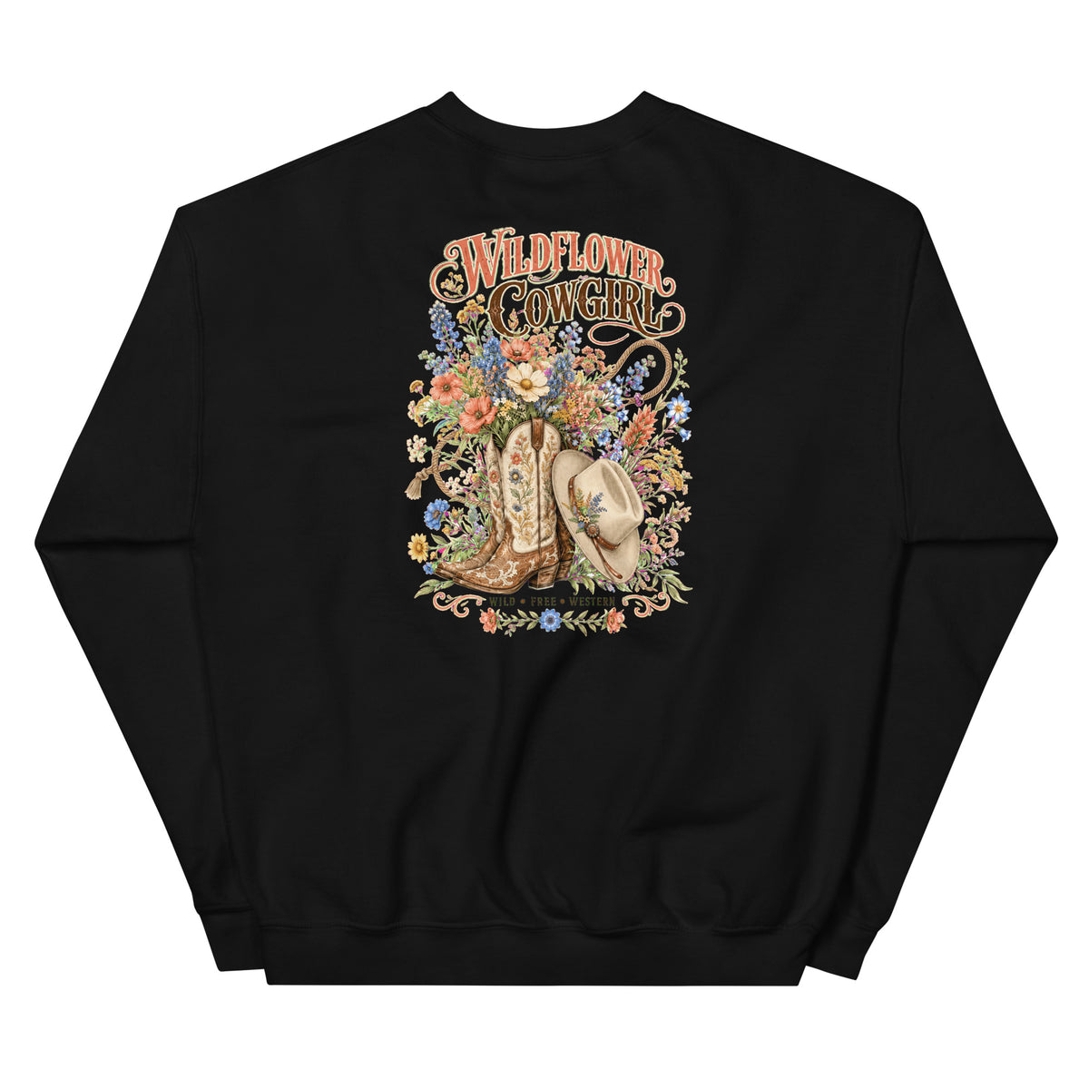 Back view of Western Wildflower Cowgirl Crewneck Sweatshirt showing the full-size western graphic