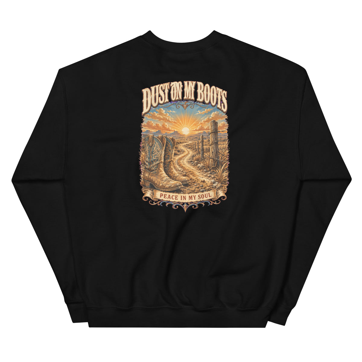 Back view of Dust on My Boots Western Crewneck Sweatshirt showing the full-size western graphic