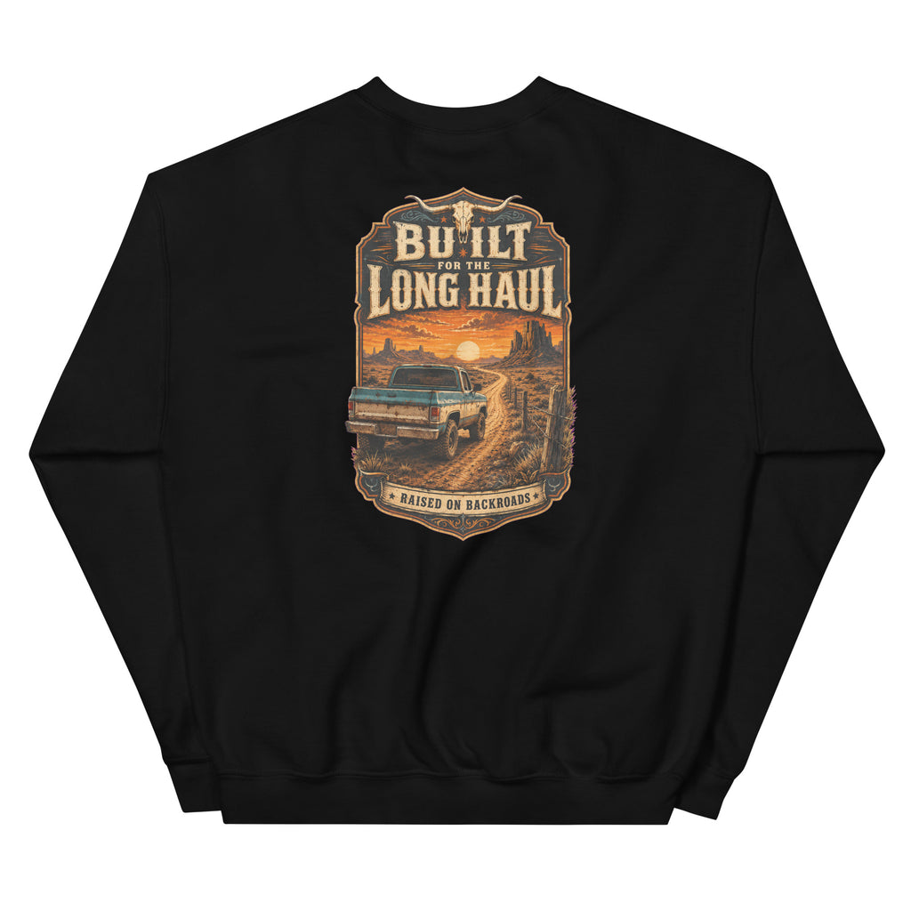 Back view of Built for the Long Haul Western Crewneck Sweatshirt showing the full-size western graphic