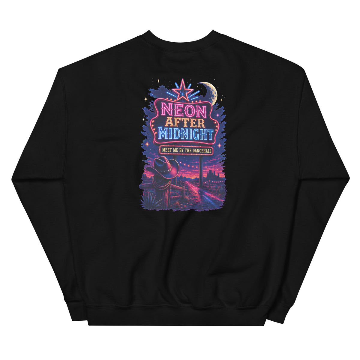 Back view of Neon After Midnight Western Crewneck Sweatshirt showing the full-size western graphic