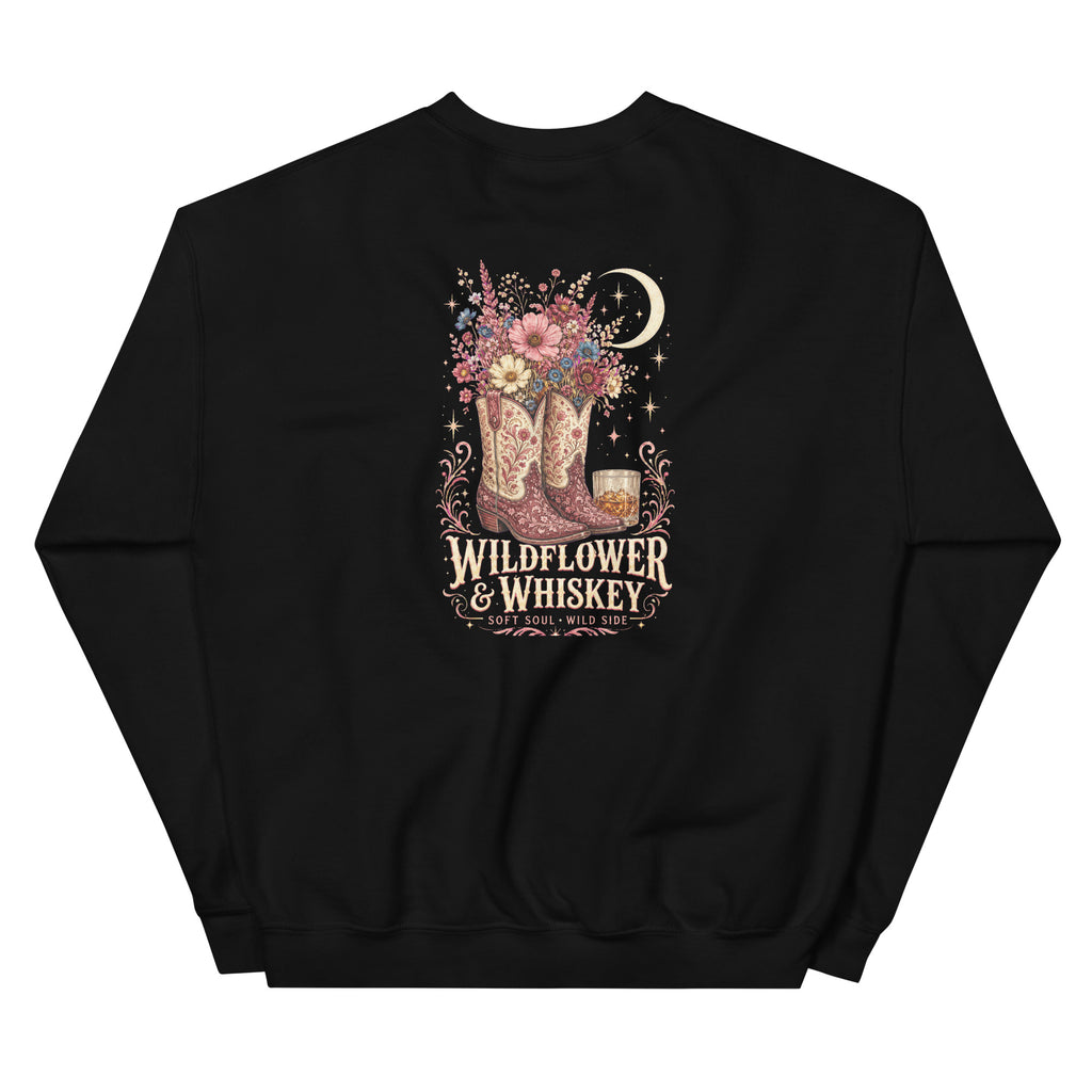Back view of Wildflower & Whiskey Western Crewneck Sweatshirt showing the full-size western graphic