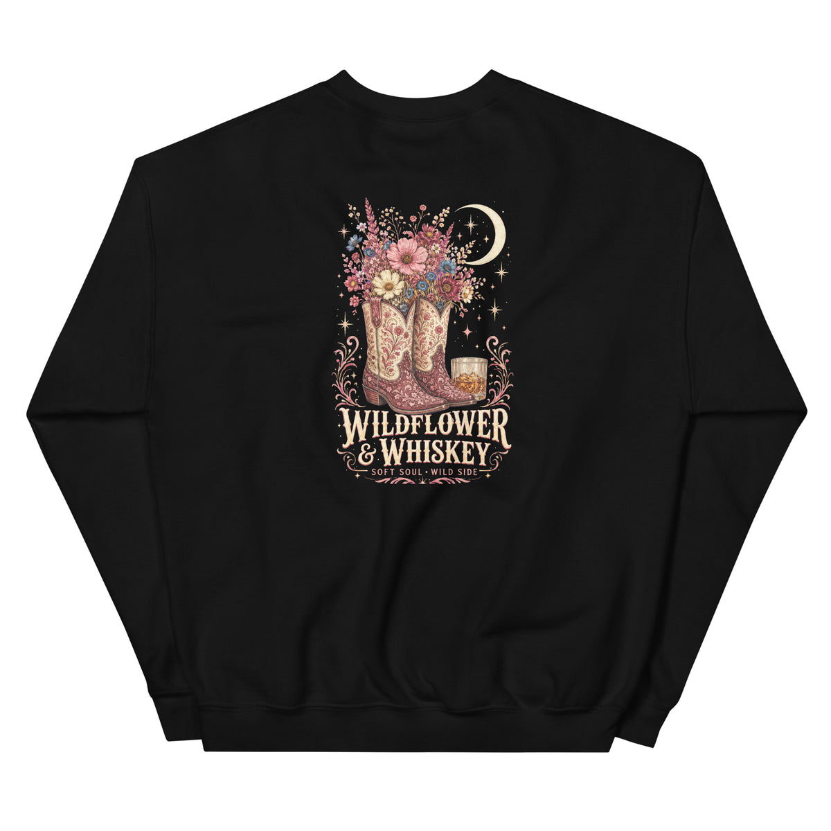 Back view of Wildflower & Whiskey Western Crewneck Sweatshirt showing the full-size western graphic