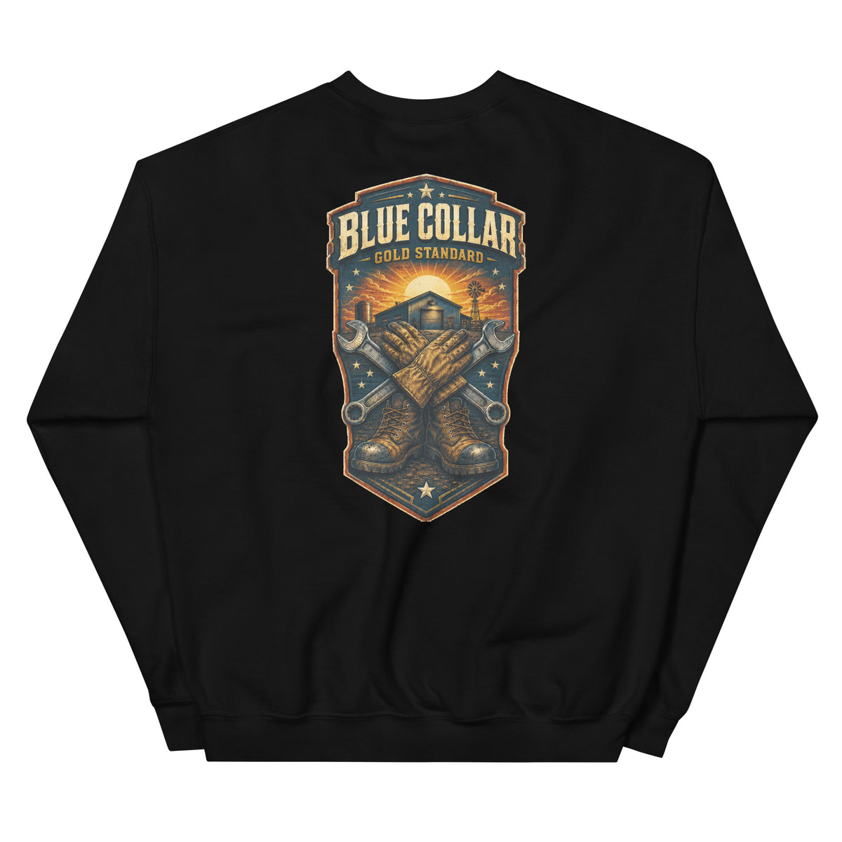 Back view of Blue Collar, Gold Standard Western Crewneck Sweatshirt showing the full-size western graphic
