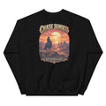 Back view of Chase Sunsets, Not Spotlights Western Crewneck Sweatshirt showing the full-size western graphic