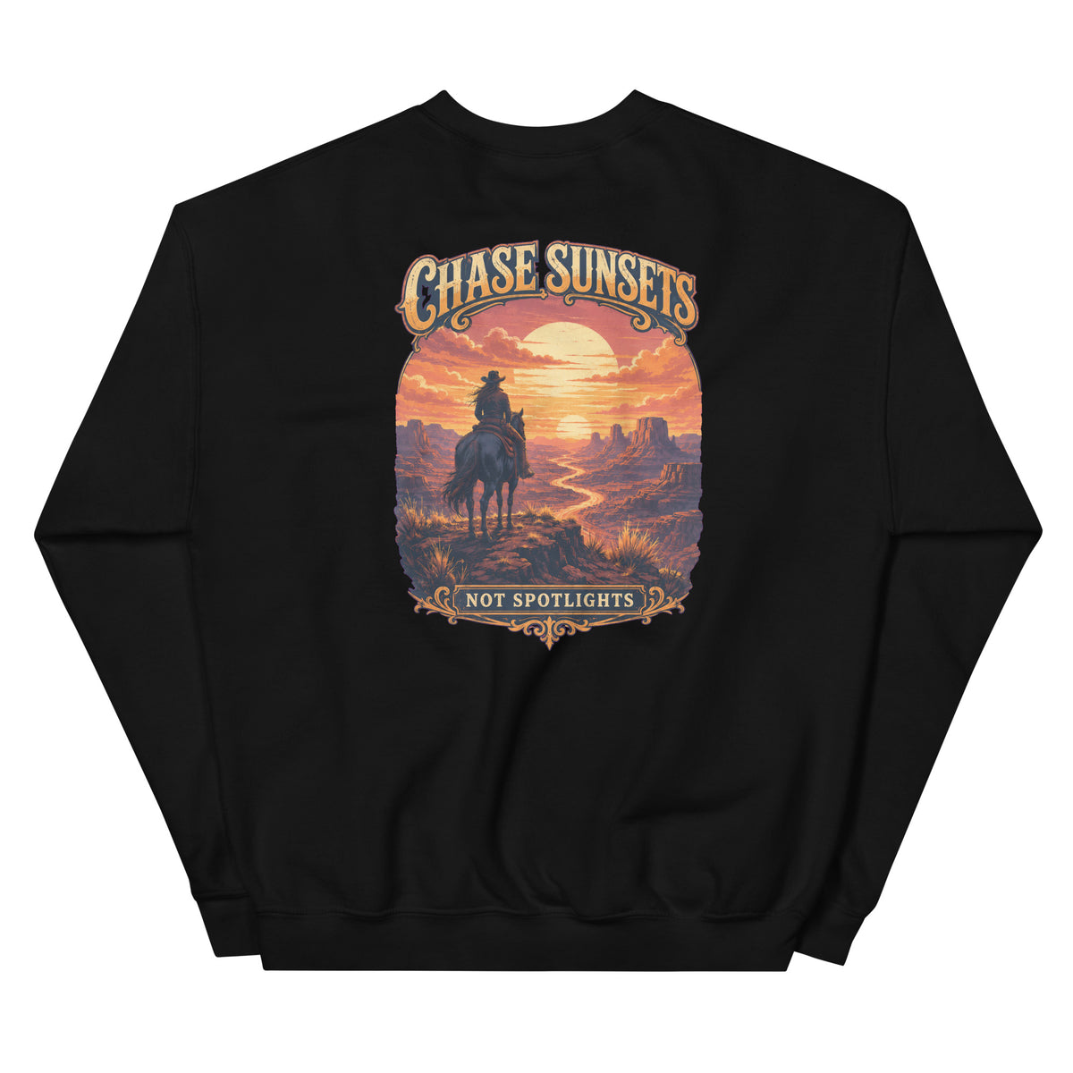 Back view of Chase Sunsets, Not Spotlights Western Crewneck Sweatshirt showing the full-size western graphic