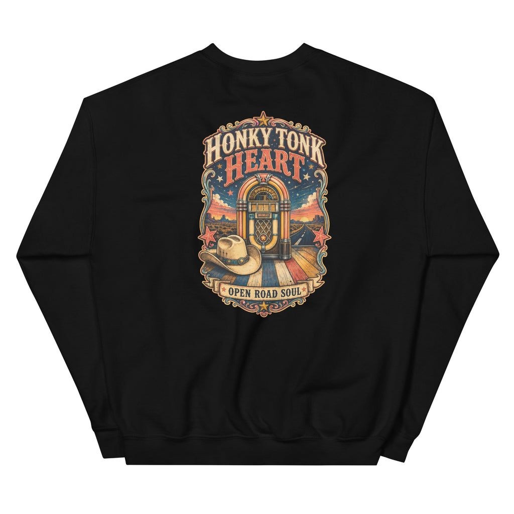Back view of Honky Tonk Heart Western Crewneck Sweatshirt showing the full-size western graphic