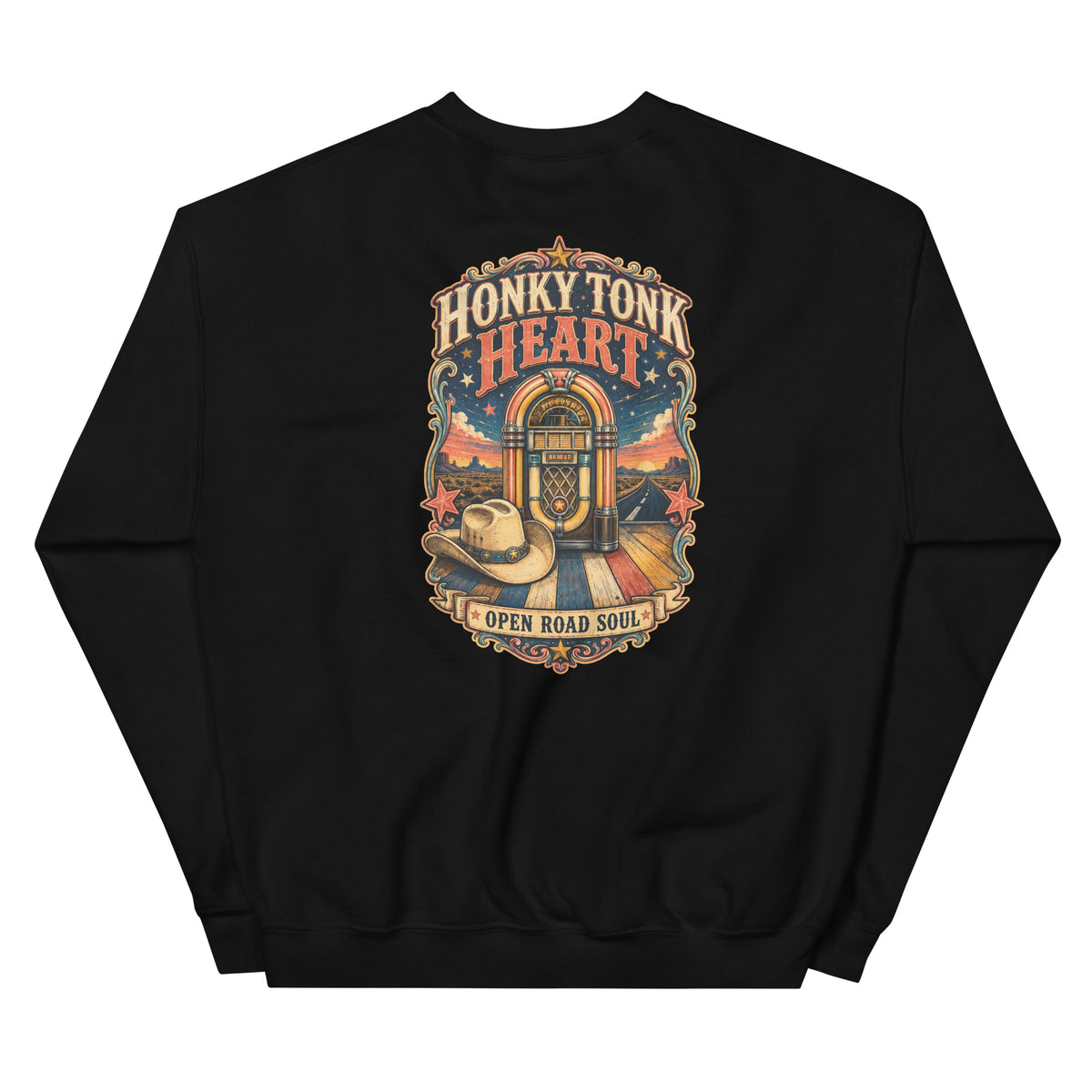 Back view of Honky Tonk Heart Western Crewneck Sweatshirt showing the full-size western graphic