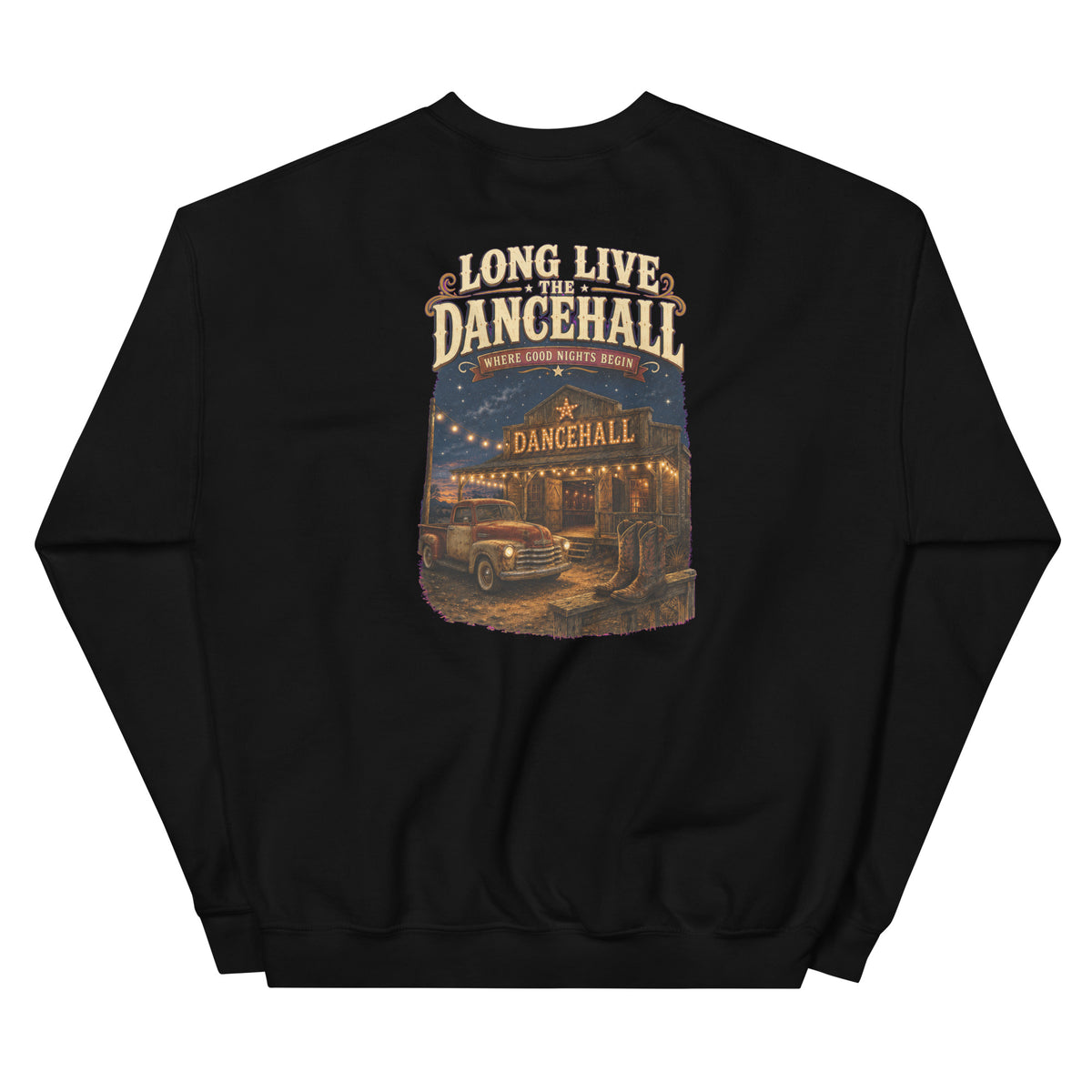 Back view of Long Live the Dancehall Western Crewneck Sweatshirt showing the full-size western graphic
