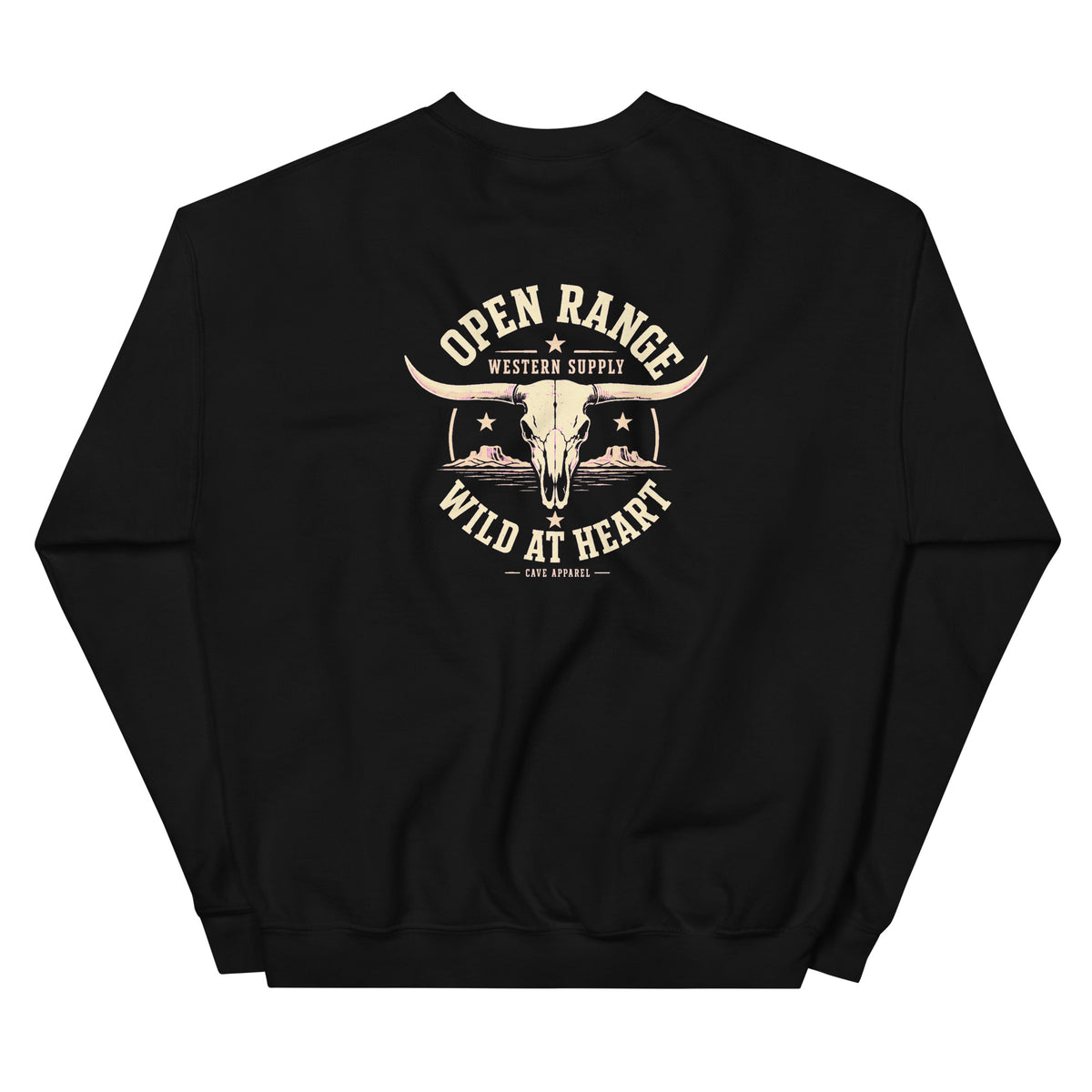 Back view of Open Range, Wild at Heart Western Crewneck Sweatshirt showing the full-size western graphic