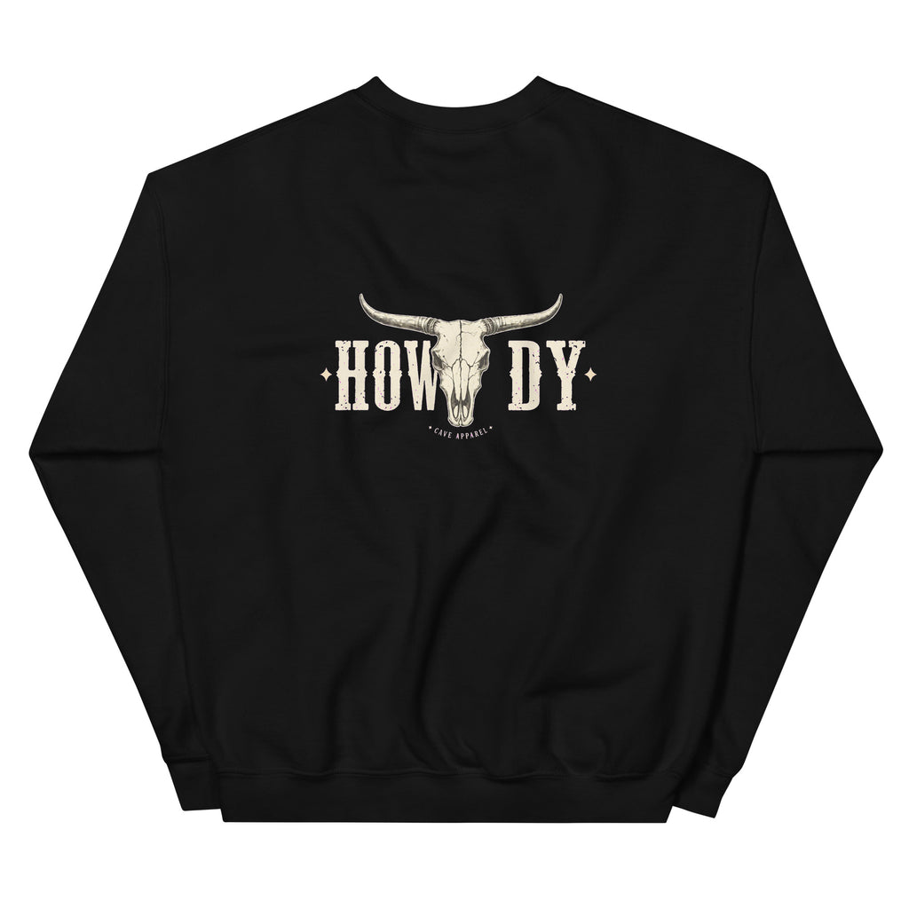 Back view of Howdy Longhorn Western Crewneck Sweatshirt showing the full-size western graphic