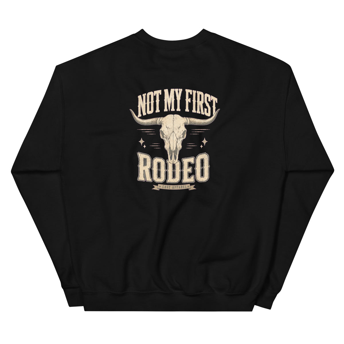 Back view of Not My First Rodeo Western Crewneck Sweatshirt showing the full-size western graphic