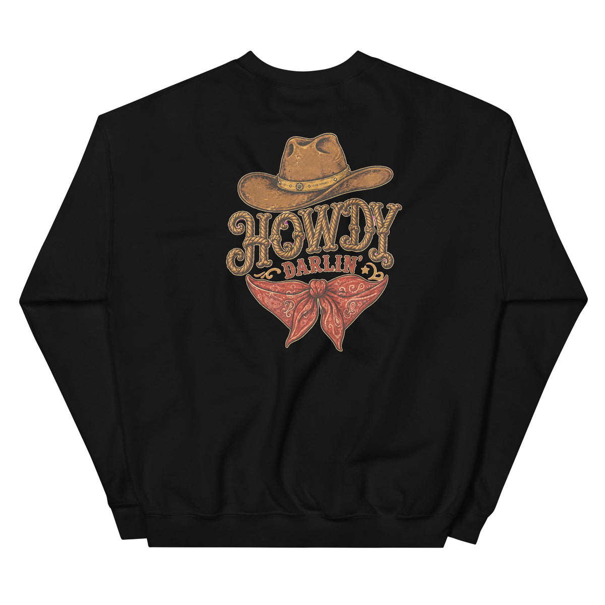 Back view of Howdy Darlin’ Western Crewneck Sweatshirt showing the full-size western graphic