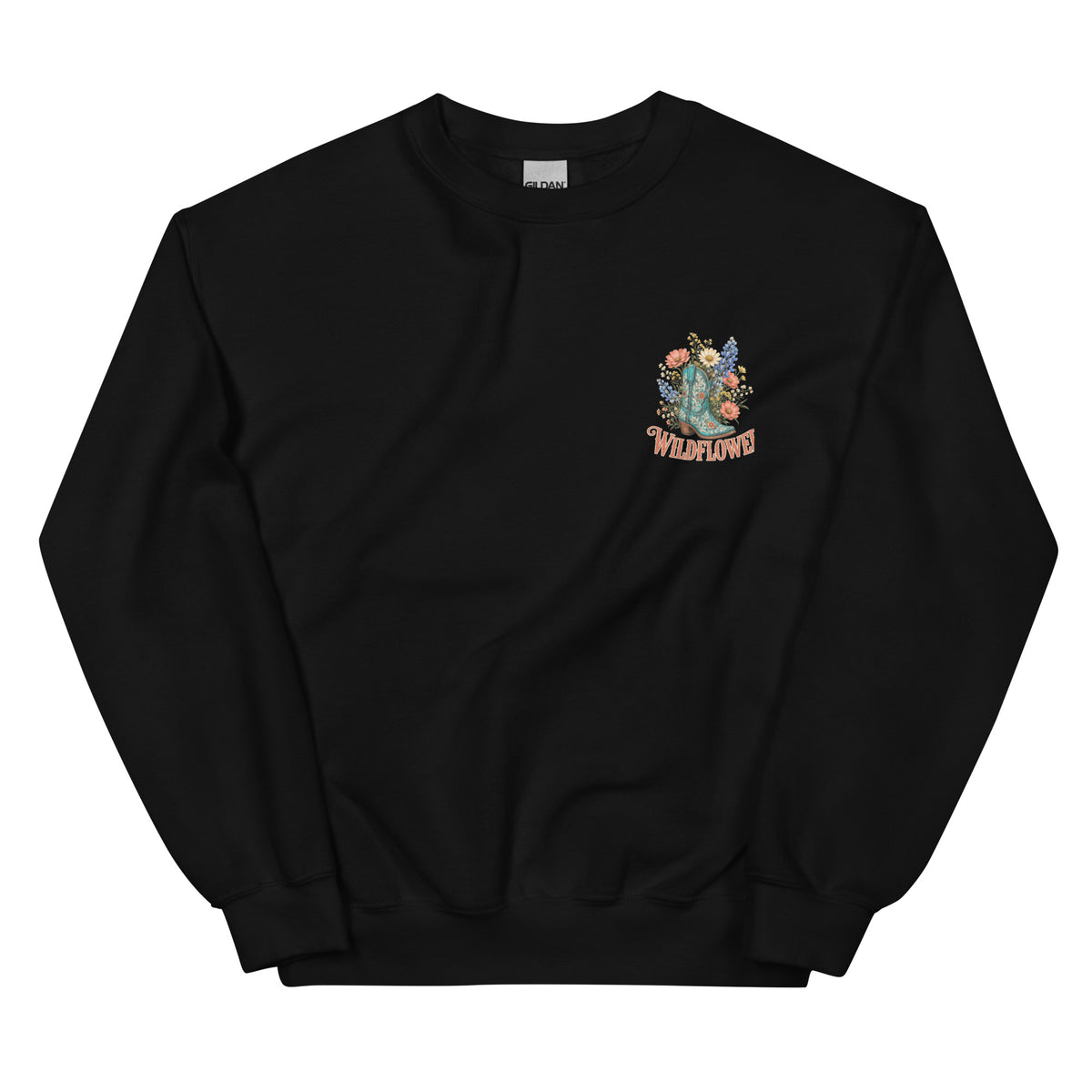 Wildflower Cowgirl Western Sweatshirt in Black — front chest print mockup