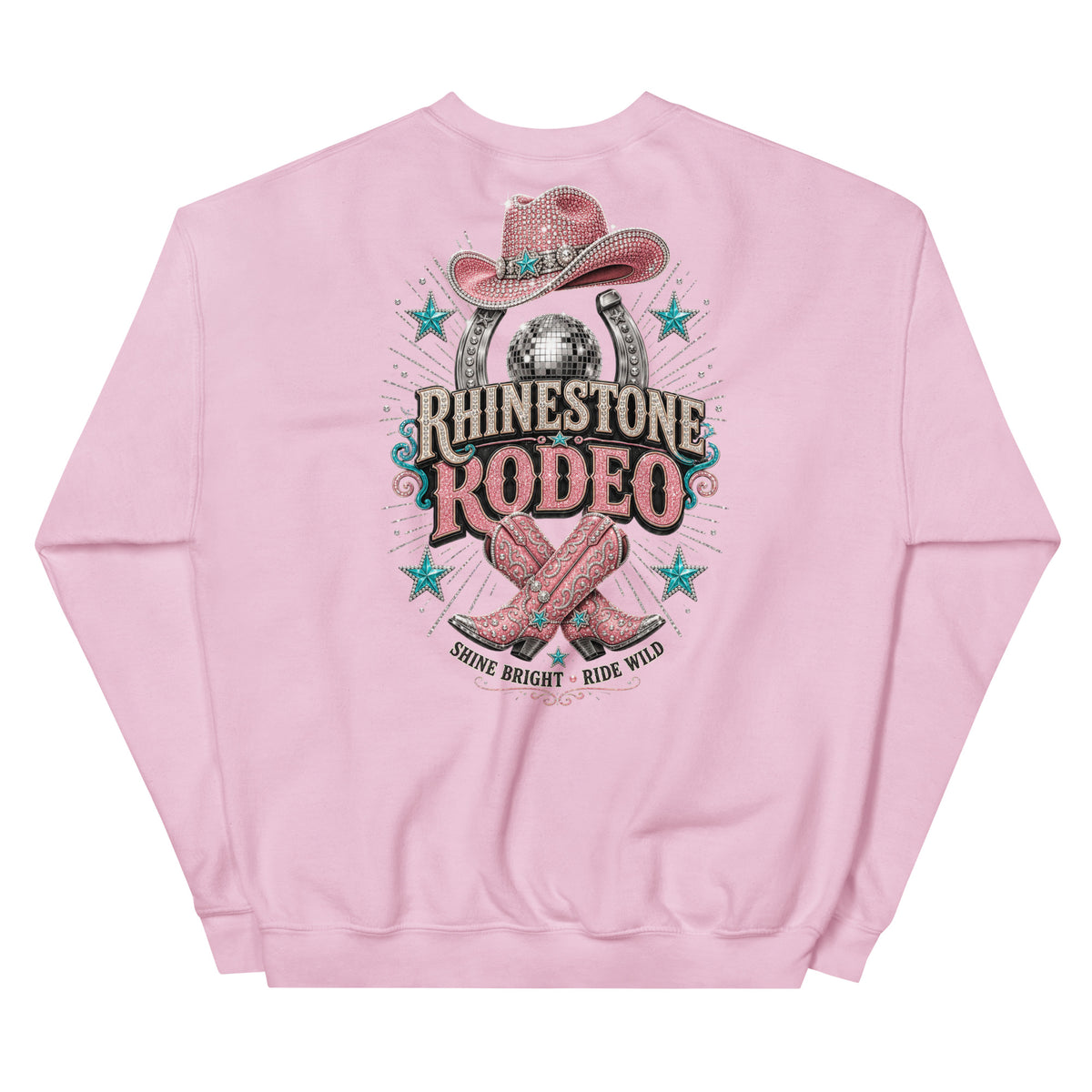 Light Pink crew-neck sweatshirt with large Rhinestone Rodeo cowgirl back print