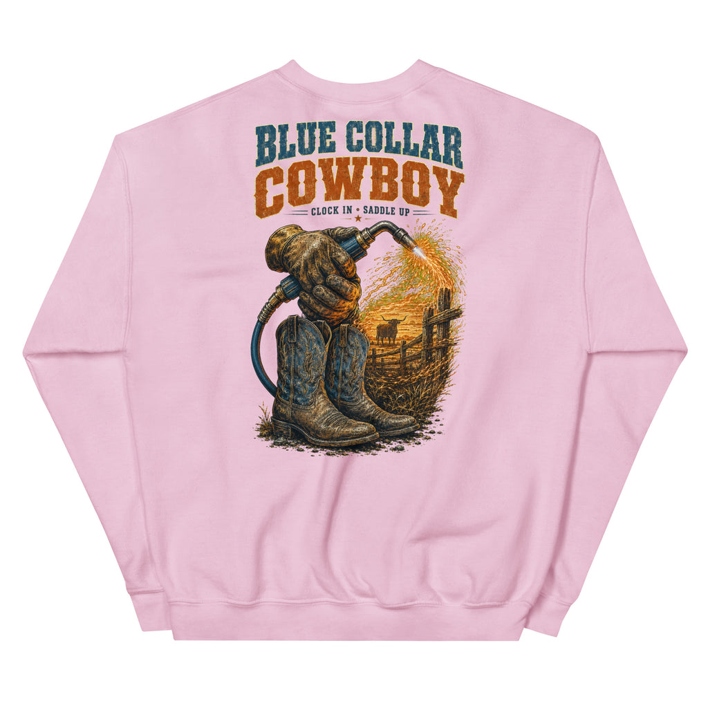 Blue Collar Cowboy Western Sweatshirt in Light Pink — back design mockup