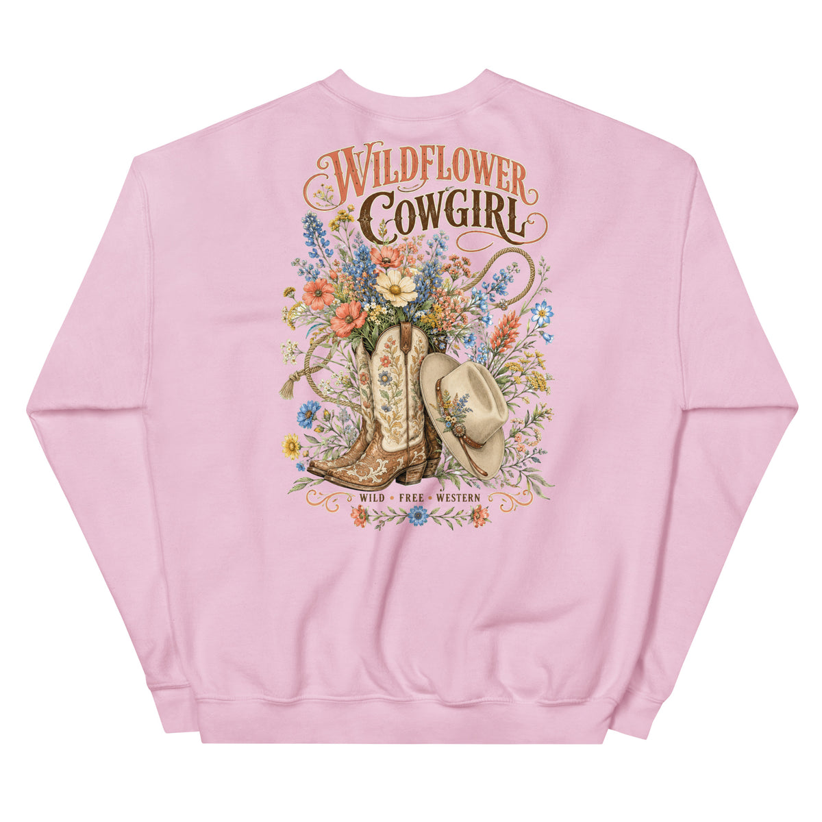Wildflower Cowgirl Western Sweatshirt in Light Pink — back design mockup