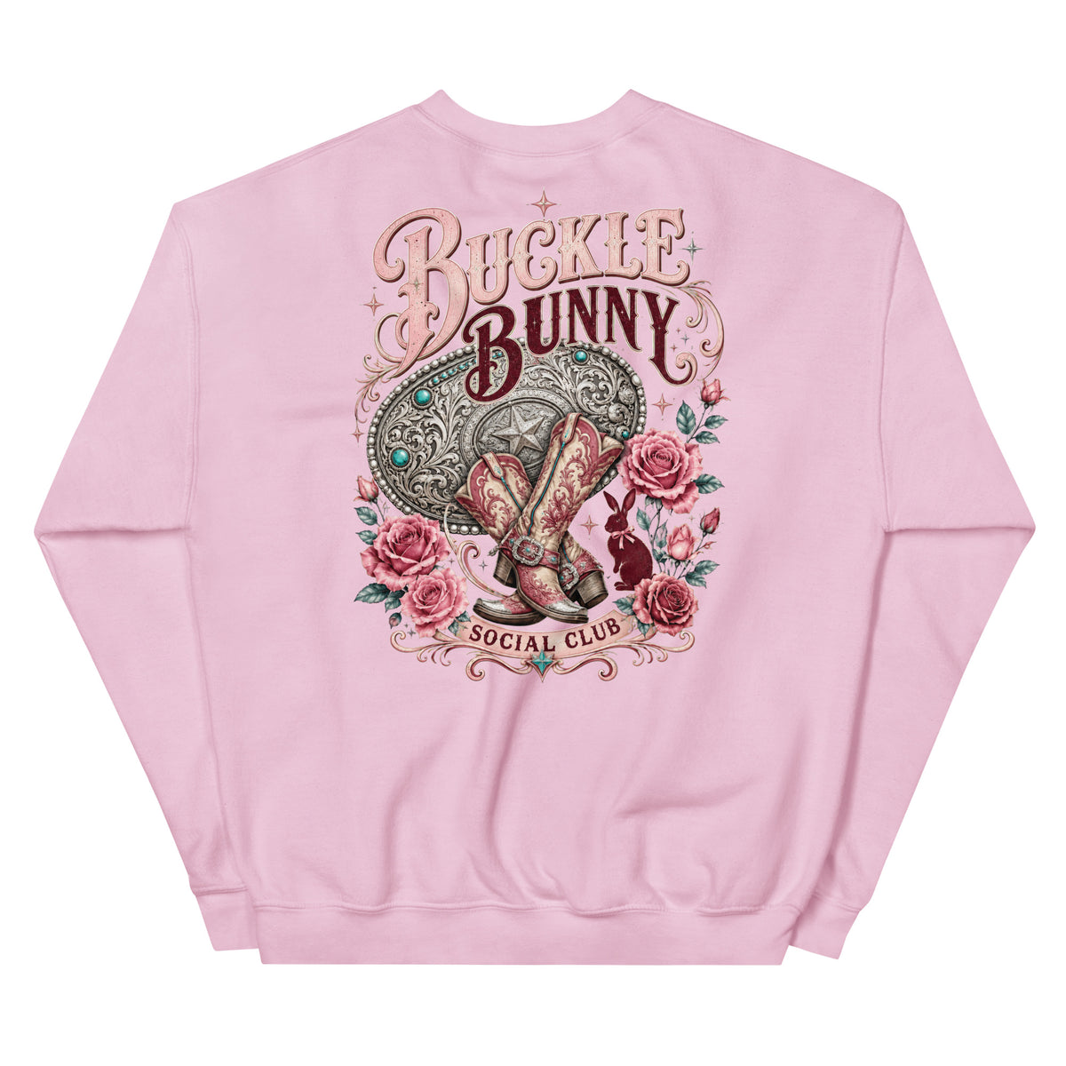 Buckle Bunny Social Club Western Sweatshirt in Light Pink — back design mockup