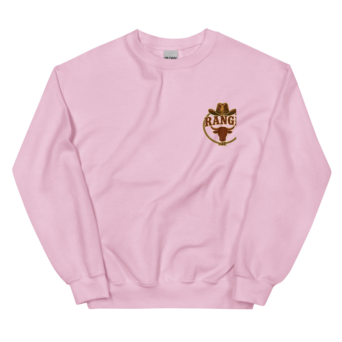 Range Wrangler Western Sweatshirt in Light Pink — front chest print mockup