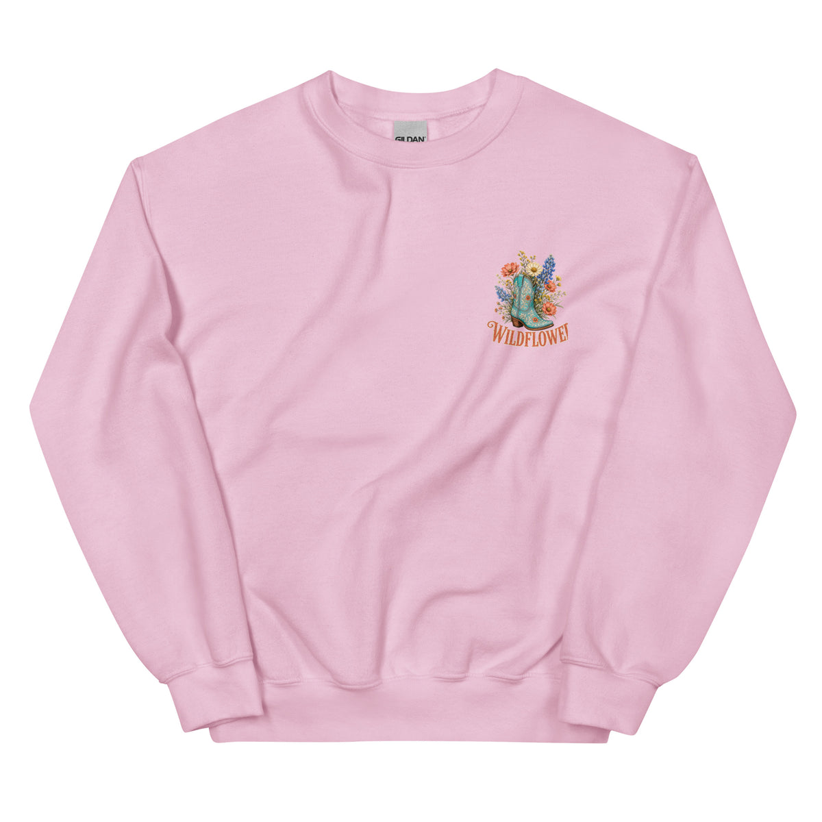 Wildflower Cowgirl Western Sweatshirt in Light Pink — front chest print mockup