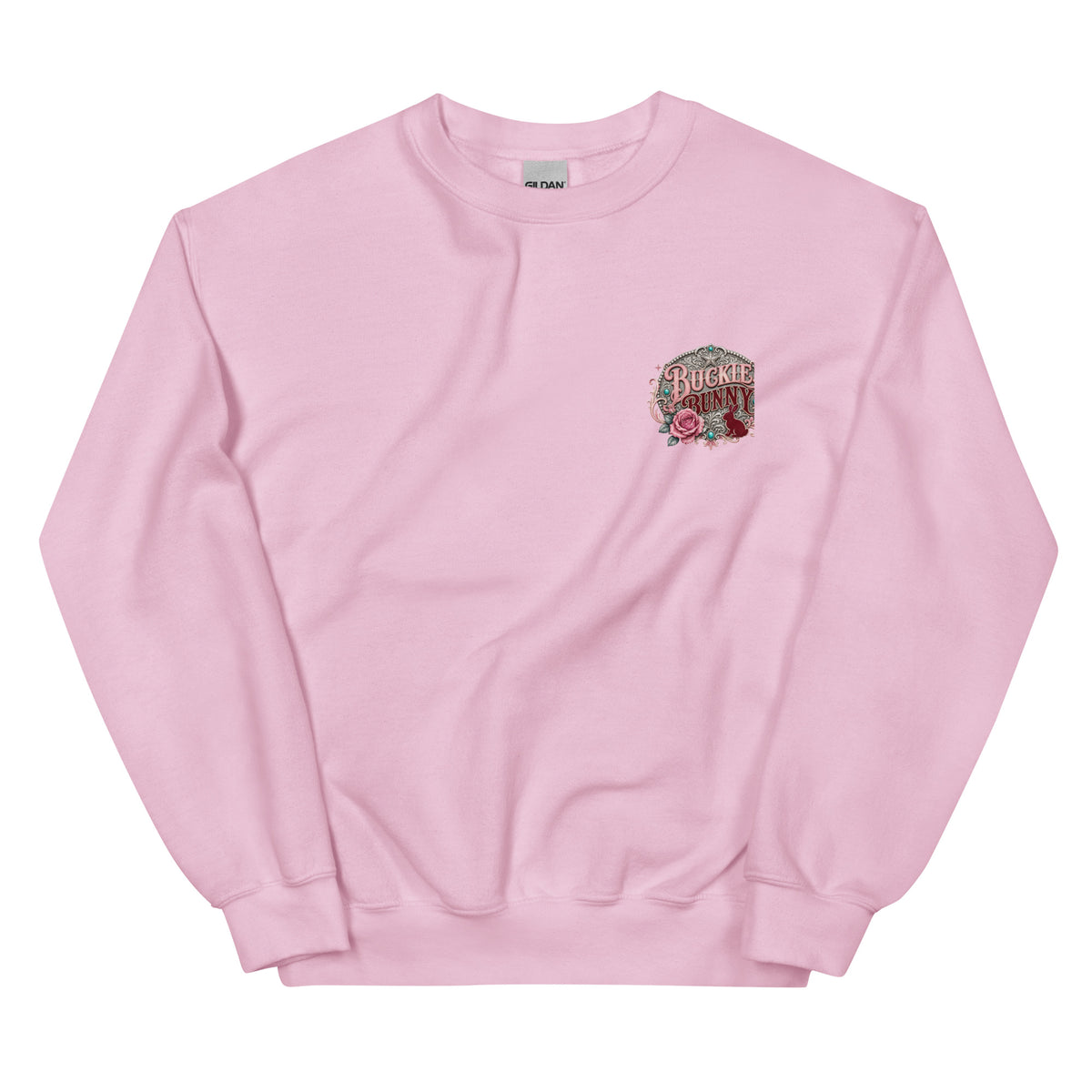 Buckle Bunny Social Club Western Sweatshirt in Light Pink — front chest print mockup