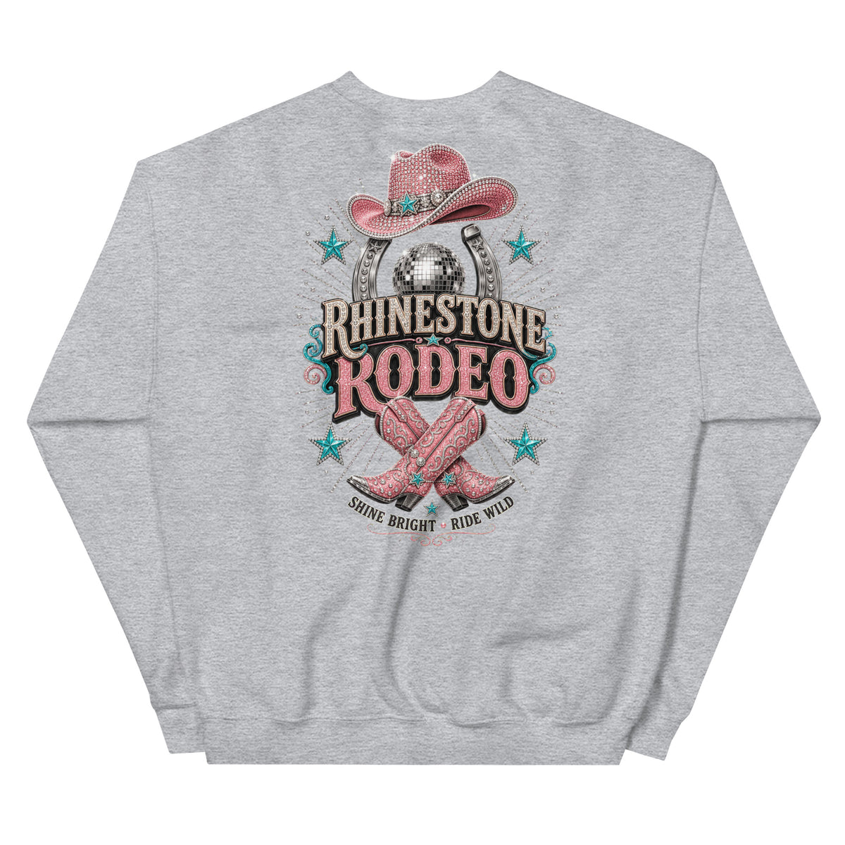 Sport Grey crew-neck sweatshirt with large pink Rhinestone Rodeo cowgirl back print