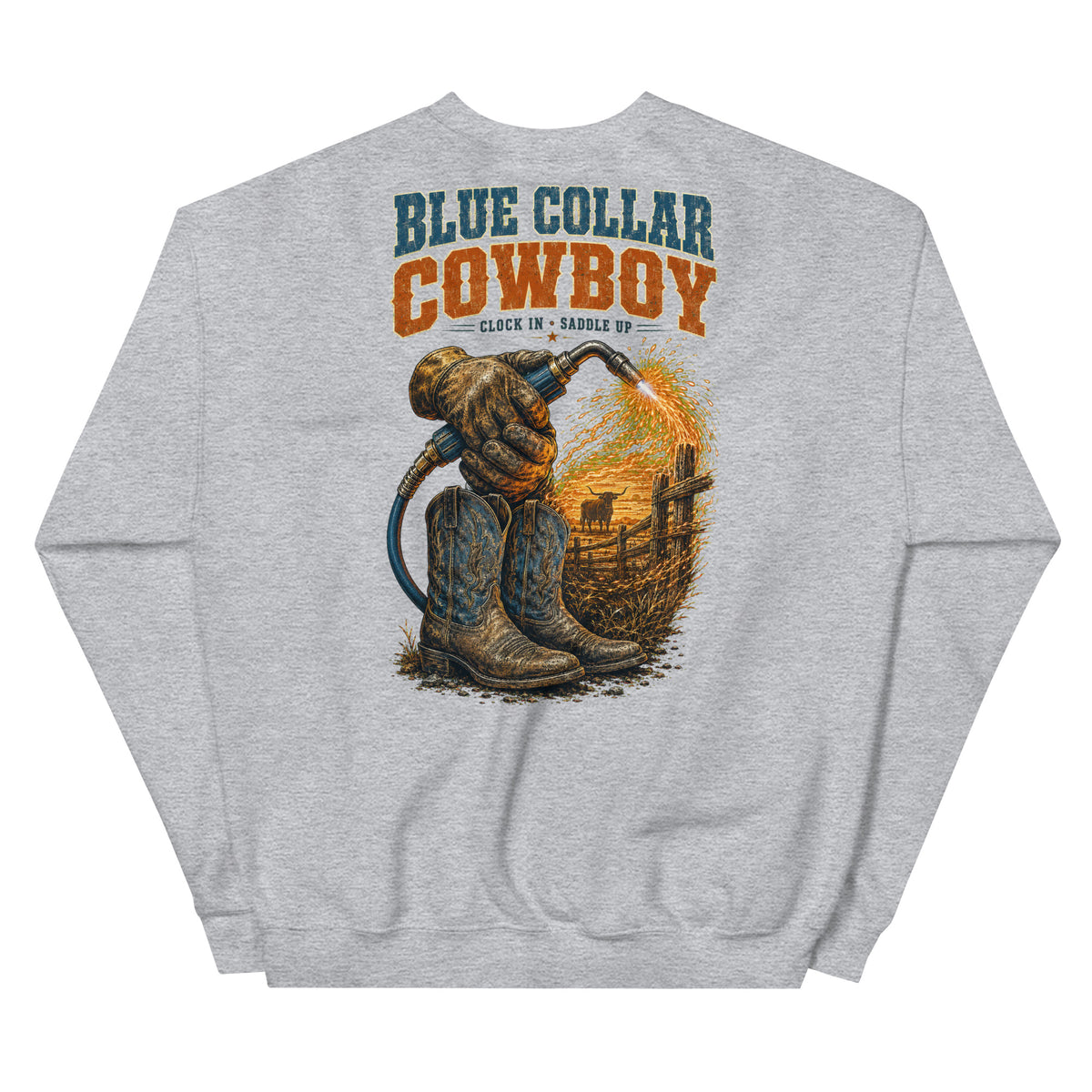 Blue Collar Cowboy Western Sweatshirt in Sport Grey — back design mockup