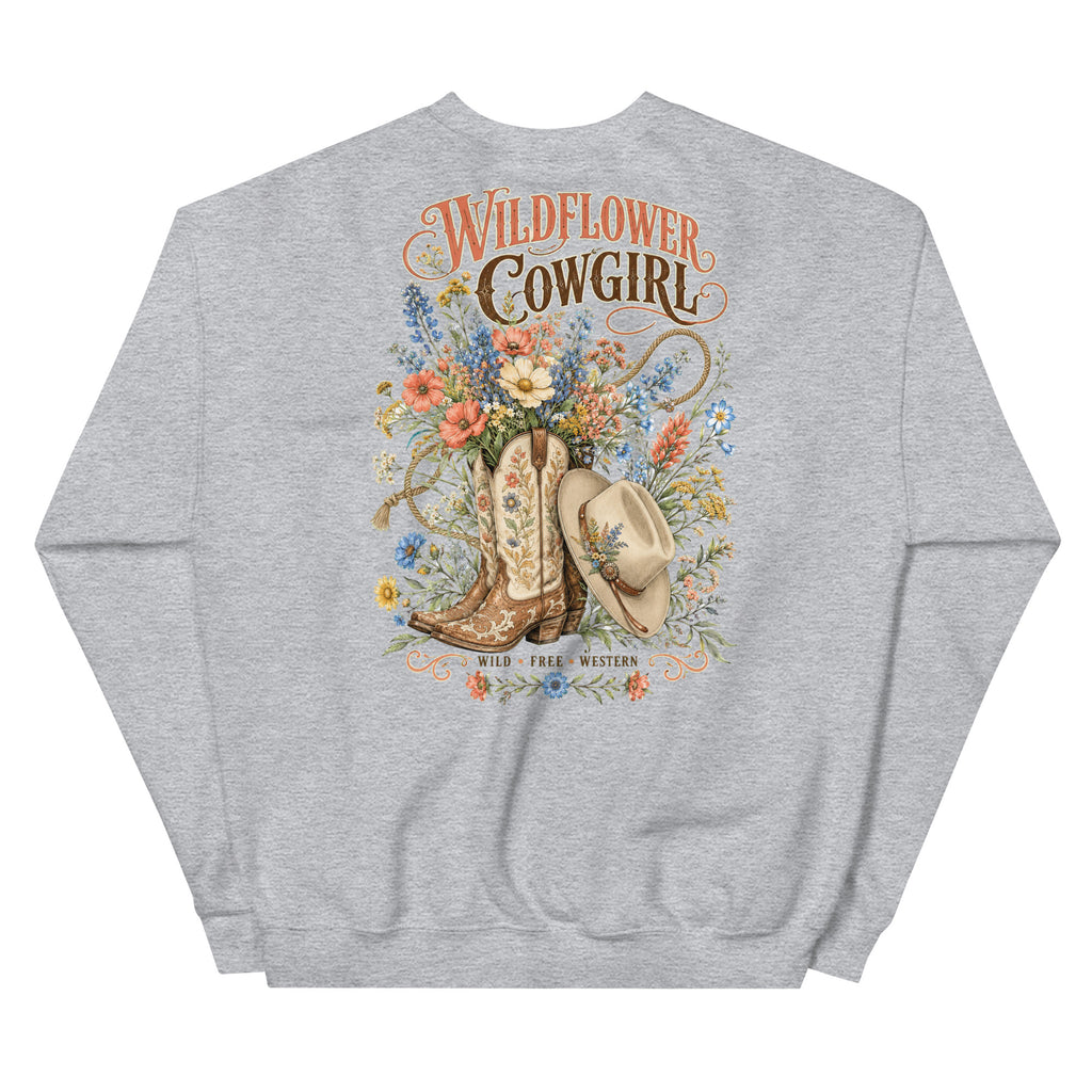 Wildflower Cowgirl Western Sweatshirt in Sport Grey — back design mockup