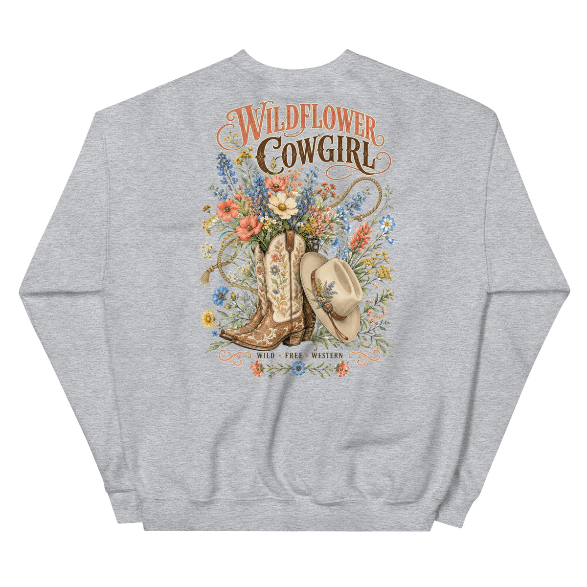 Wildflower Cowgirl Western Sweatshirt in Sport Grey — back design mockup
