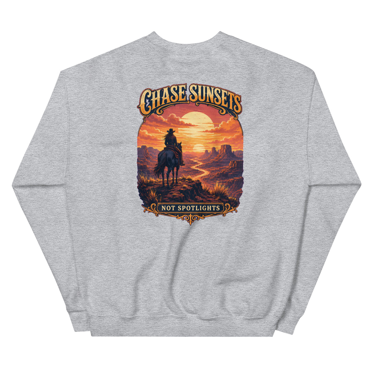 Chase Sunsets, Not Spotlights Western Crewneck Sweatshirt product view 3