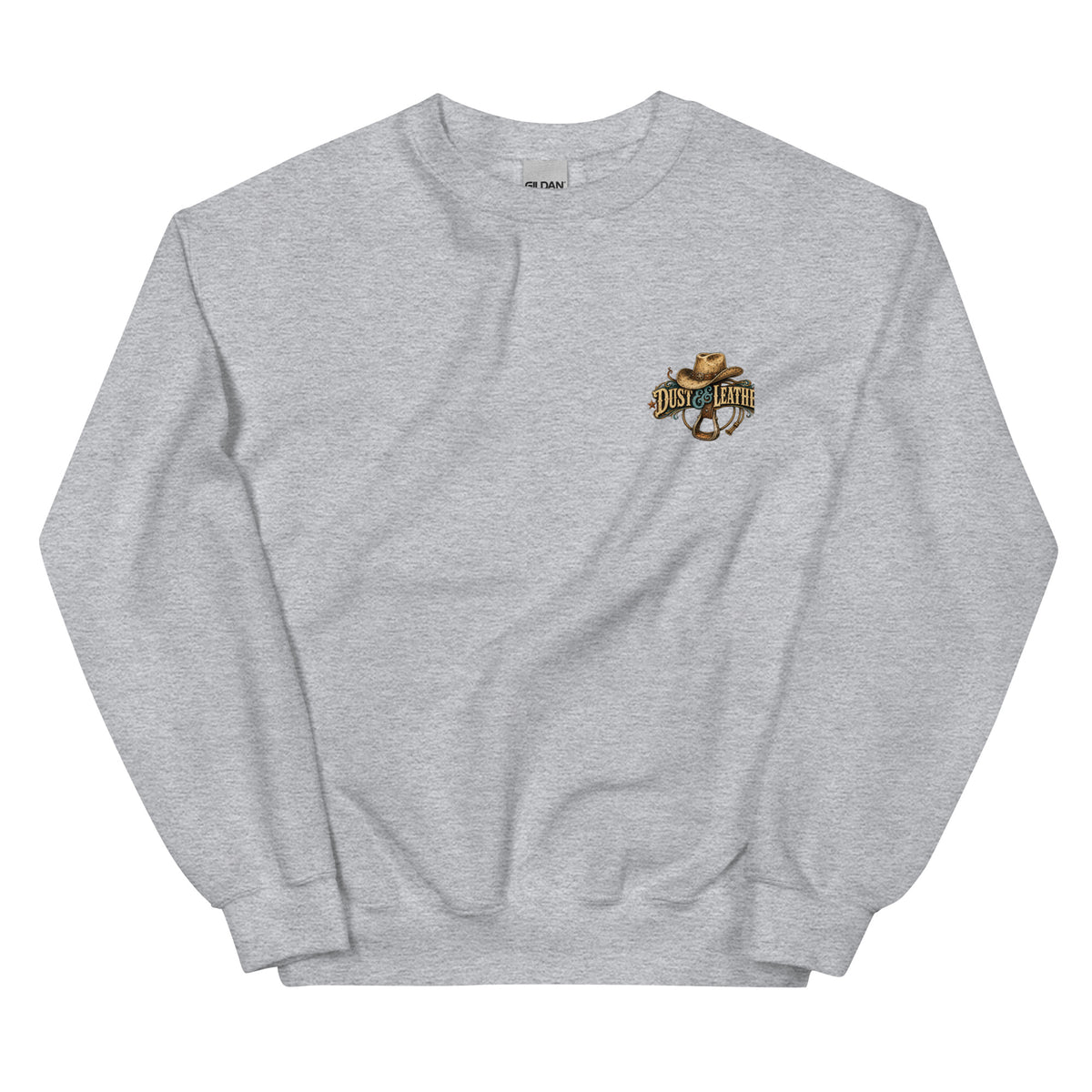 Dust & Leather Western Sweatshirt in Sport Grey — front chest print mockup