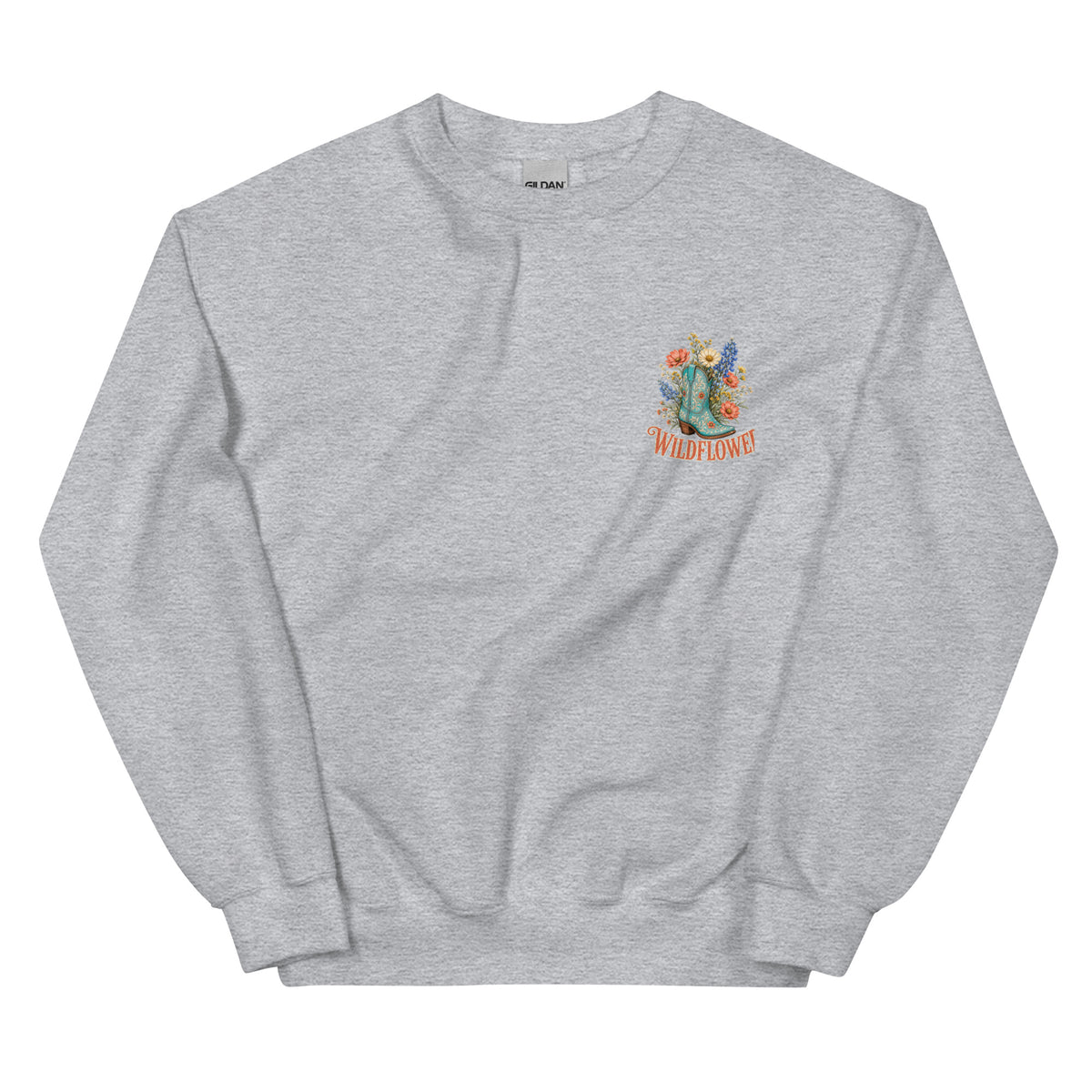 Wildflower Cowgirl Western Sweatshirt in Sport Grey — front chest print mockup