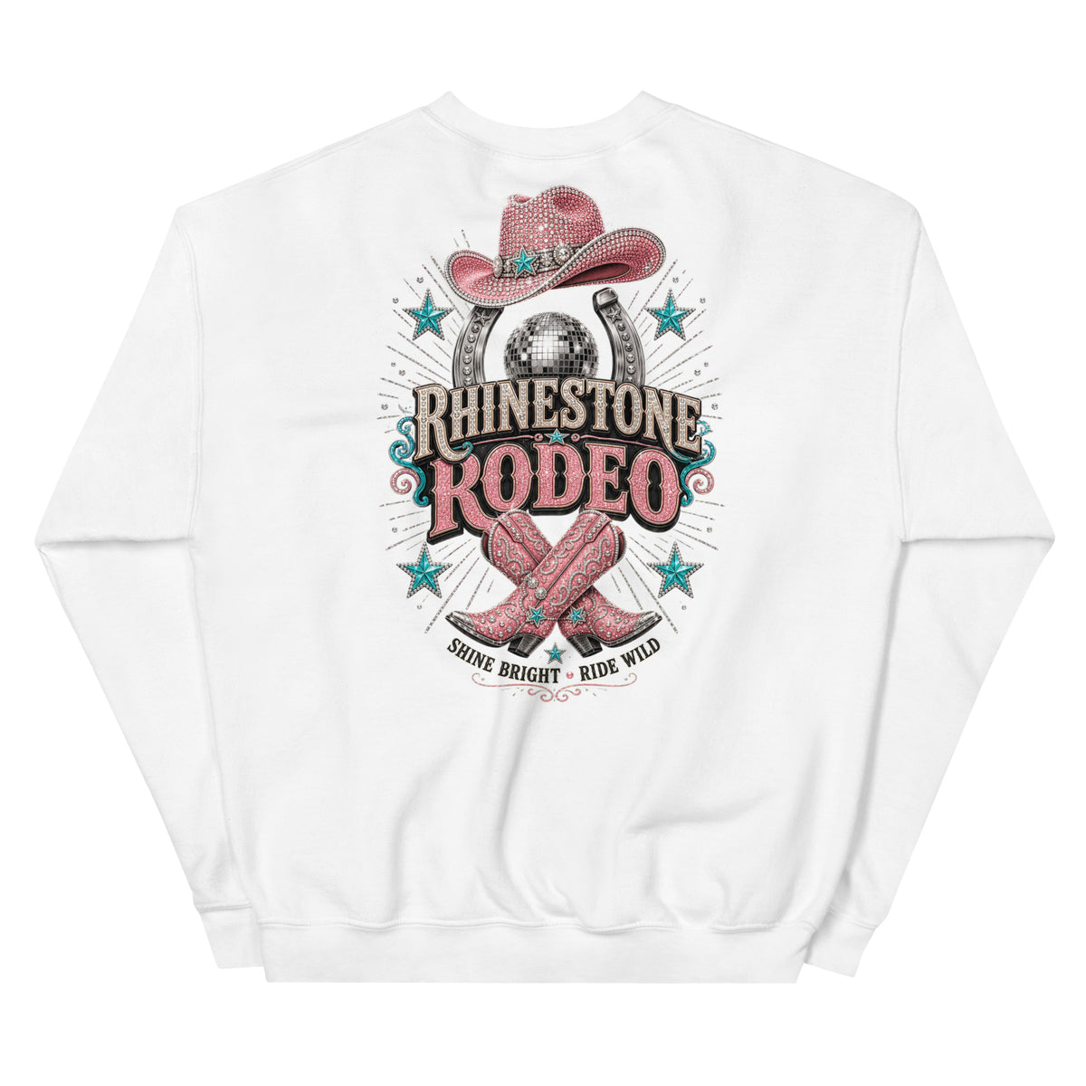 White crew-neck sweatshirt with large pink Rhinestone Rodeo cowgirl back print