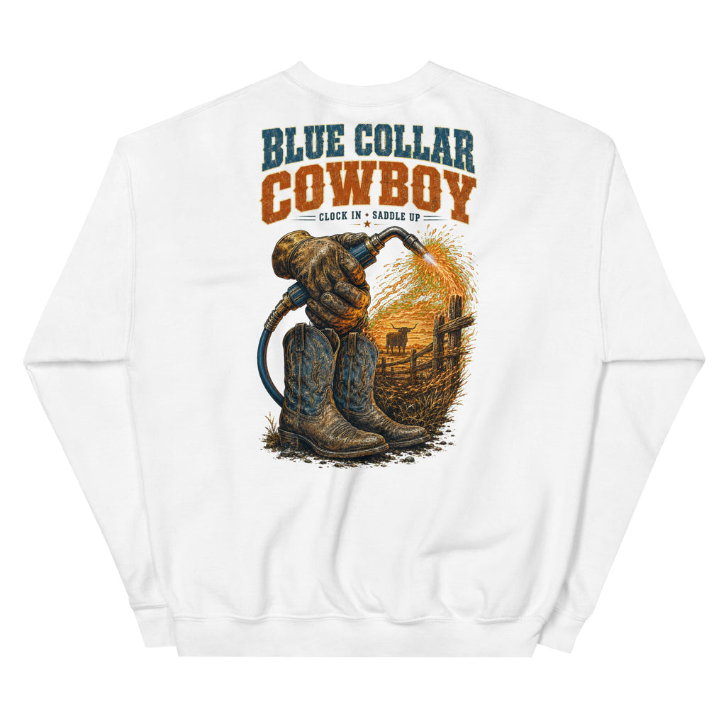 Blue Collar Cowboy Western Sweatshirt in White — back design mockup