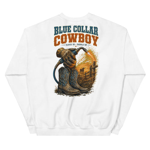 Blue Collar Cowboy Western Sweatshirt in White — back design mockup