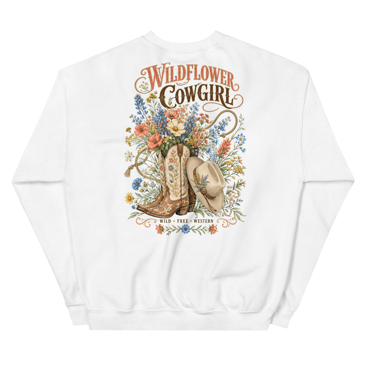 Wildflower Cowgirl Western Sweatshirt in White — back design mockup