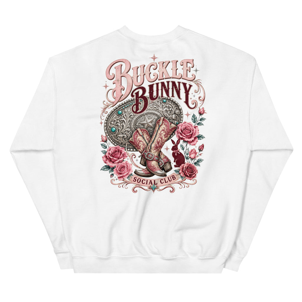 Buckle Bunny Social Club Western Sweatshirt in White — back design mockup