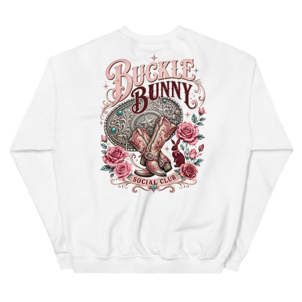 Buckle Bunny Social Club Western Sweatshirt in White — back design mockup