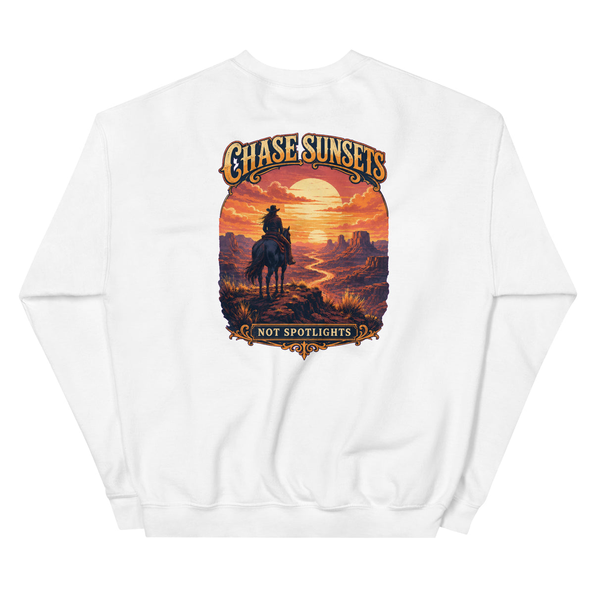 Chase Sunsets, Not Spotlights Western Crewneck Sweatshirt product view 7