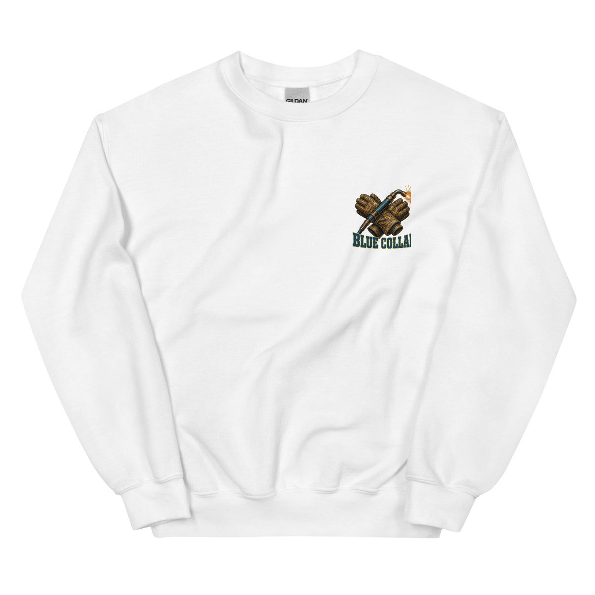 Blue Collar Cowboy Western Sweatshirt in White — front chest print mockup