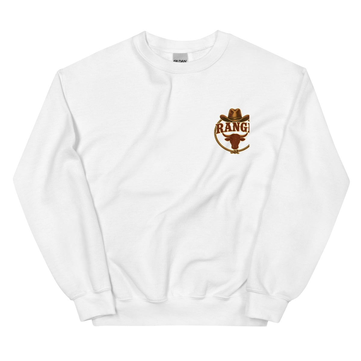 Range Wrangler Western Sweatshirt in White — front chest print mockup