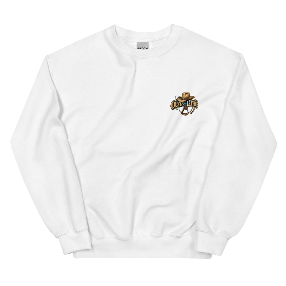 Dust & Leather Western Sweatshirt in White — front chest print mockup