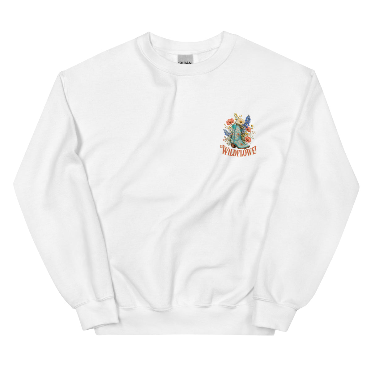 Wildflower Cowgirl Western Sweatshirt in White — front chest print mockup