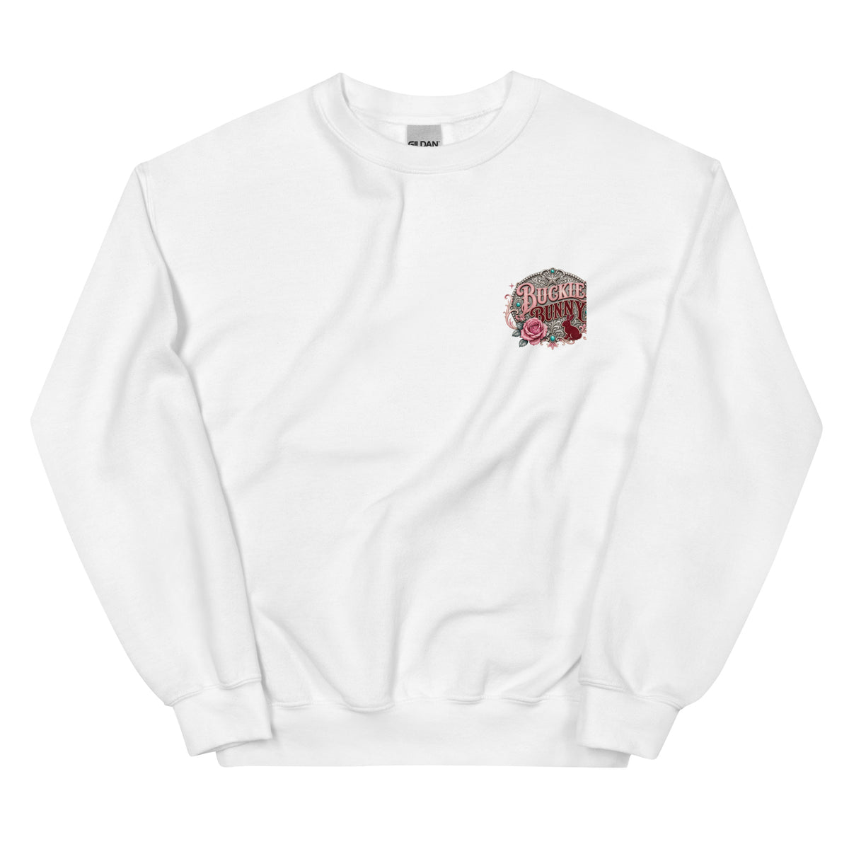 Buckle Bunny Social Club Western Sweatshirt in White — front chest print mockup