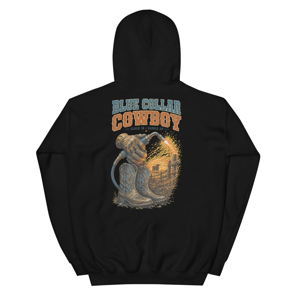 Blue Collar Cowboy Western Hoodie in Black — back design mockup