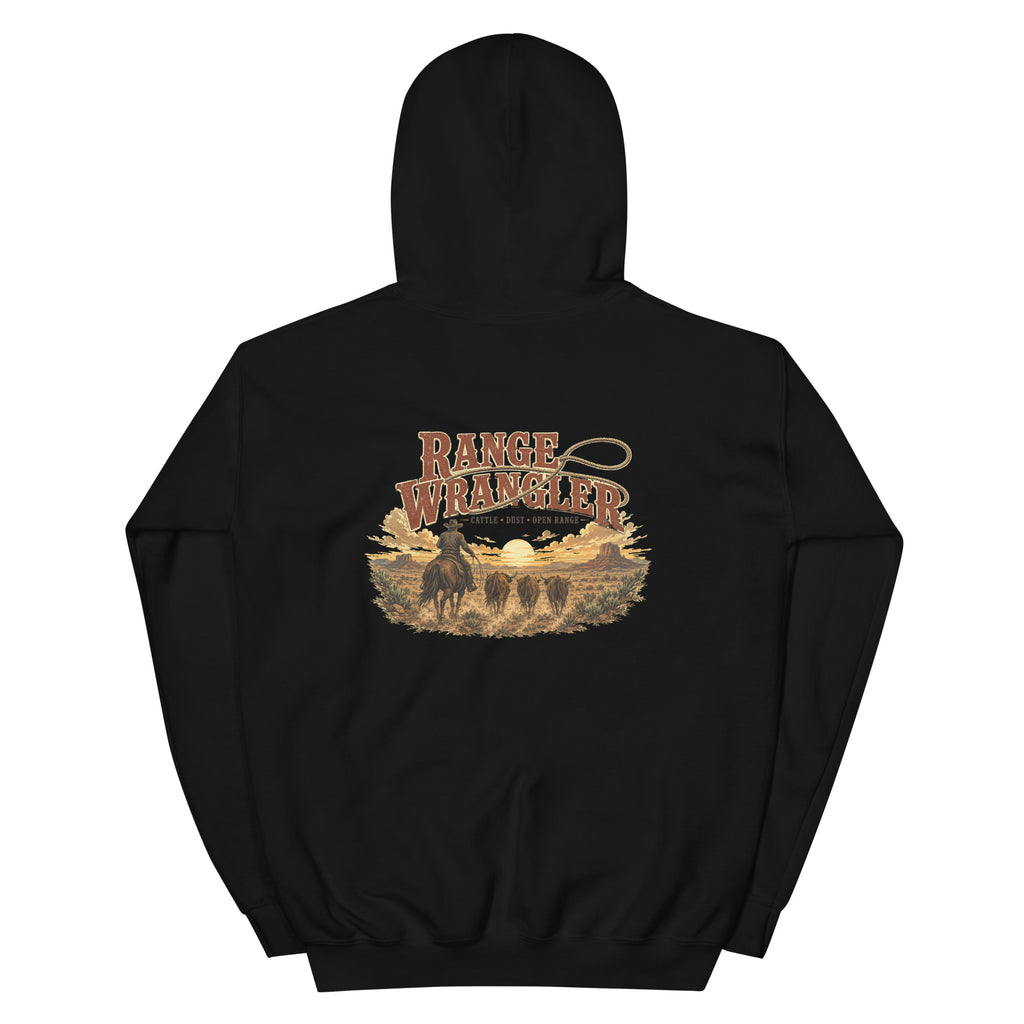 Range Wrangler Western Hoodie in Black — back design mockup