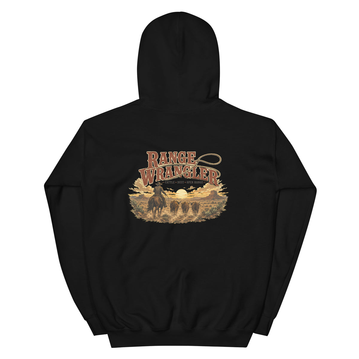Range Wrangler Western Hoodie in Black — back design mockup