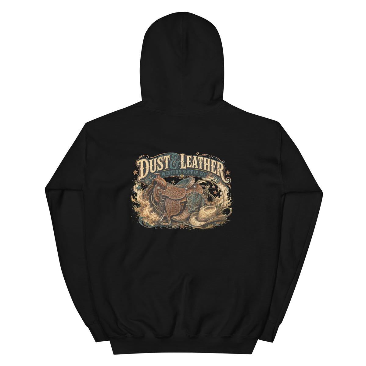 Dust & Leather Western Hoodie in Black — back design mockup