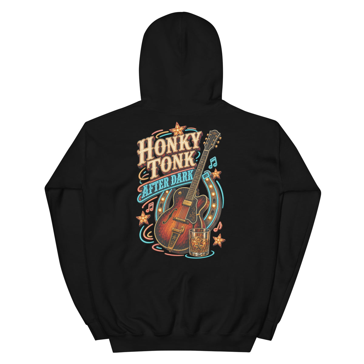 Honky Tonk After Dark Western Hoodie in Black — back design mockup