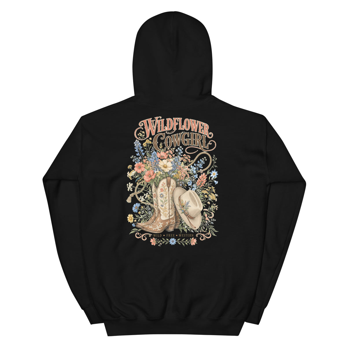 Wildflower Cowgirl Western Hoodie in Black — back design mockup
